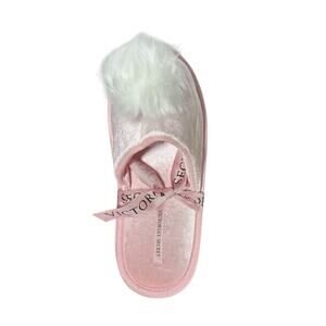 Victorias Secret Pink w/ White Faux Fur Pom Pom Slide Slippers NEW Womens M 7-8